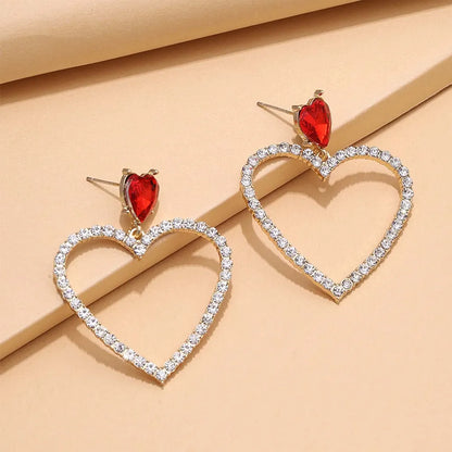 RAIRA Heart Crystal Circle Drop Earrings Red Ruby Heart Stud Rhinestone Cluster Empty Love Dangle Earrings