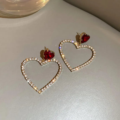 RAIRA Heart Crystal Circle Drop Earrings Red Ruby Heart Stud Rhinestone Cluster Empty Love Dangle Earrings