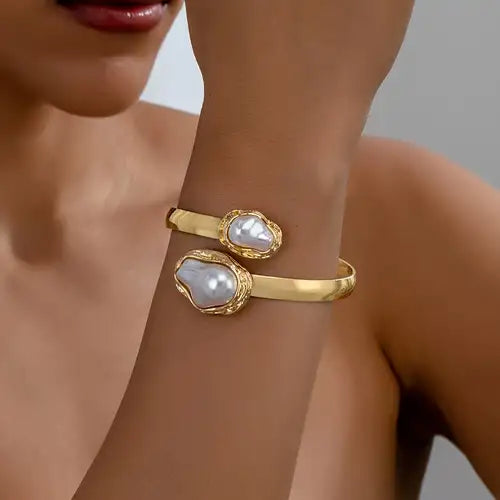 RAIRA 2PCS Korean Elegant Multi-color Baroque Imitation Pearl Bangles Ring Jewelry Set Women Chunky