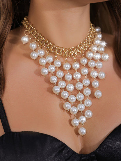 RAIRA Vintage Pearl Multi-Layer Tassel Pearl Beads Collar Choker Necklace