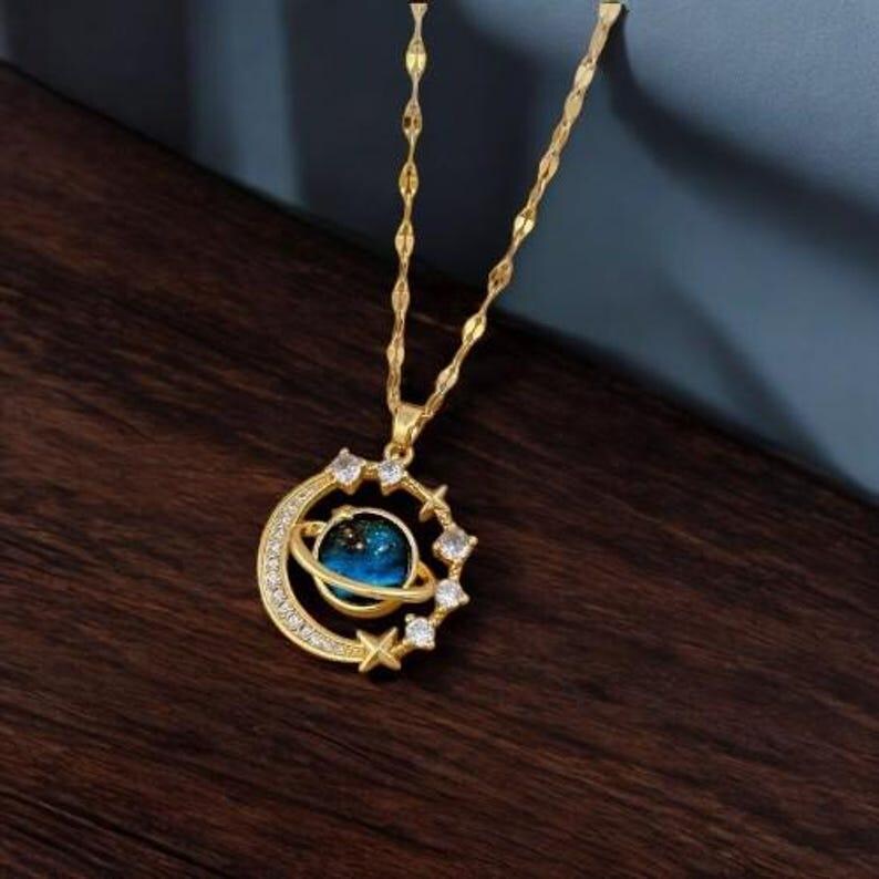 RAIRA Gold Plated Planet Necklace : Zirconia Chokers Moon and Saturn Necklace Gifts for Women & Girl's