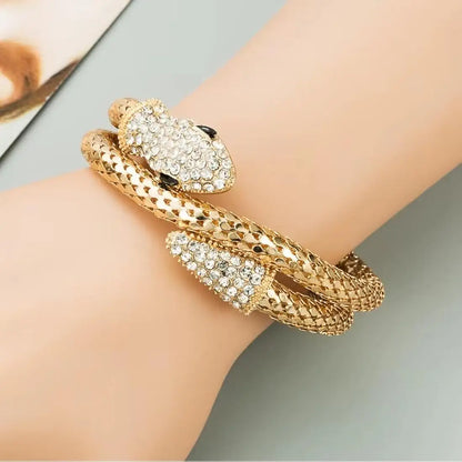 RAIRA Adjustable Snake Bracelet and Rhinestone Choker Necklace or Bracelet – Black Gold Serpent Jewelry Gift Set for Women and Girls