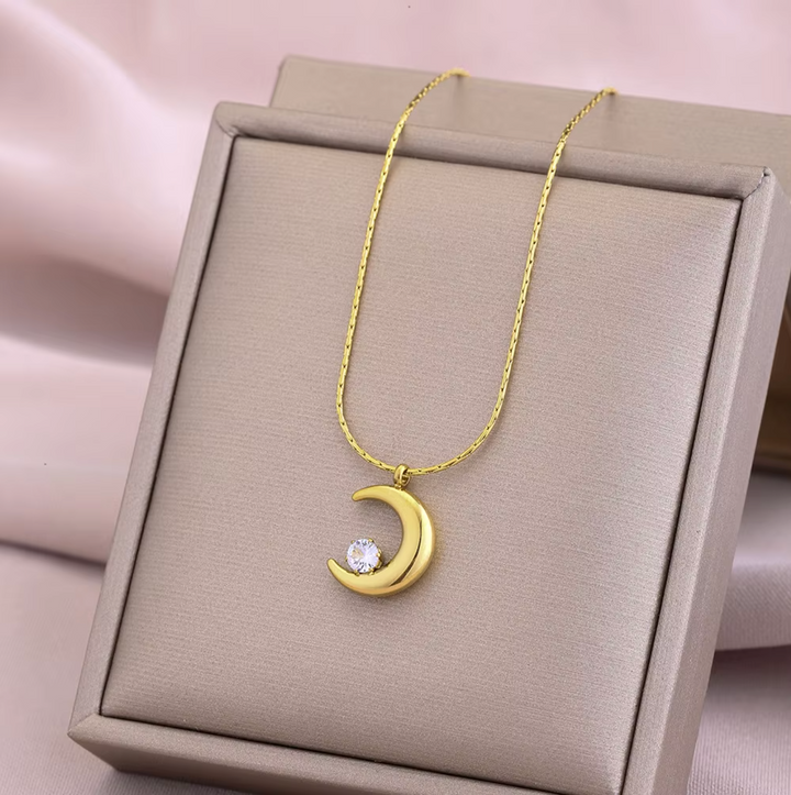 RAIRA Gold Crescent Moon Pendant Necklace with White Crystal, Chain For Women & Girl's