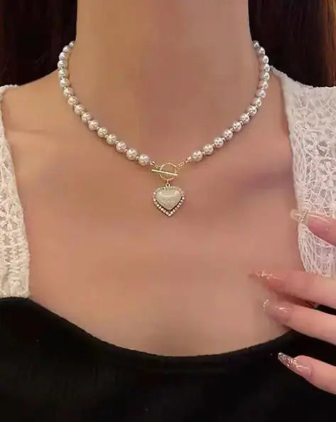 RAIRA  Glossy White Pearls Heart Shaped Necklace for Women & Girl's