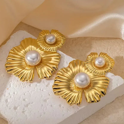 RAIRA Pearl Flower Statement Earrings for Women Big 18K Gold Plated Moon Rhinestone Stud Earrings Boho Half Sunflower Dangle Earring for Prom Jewelry Gift