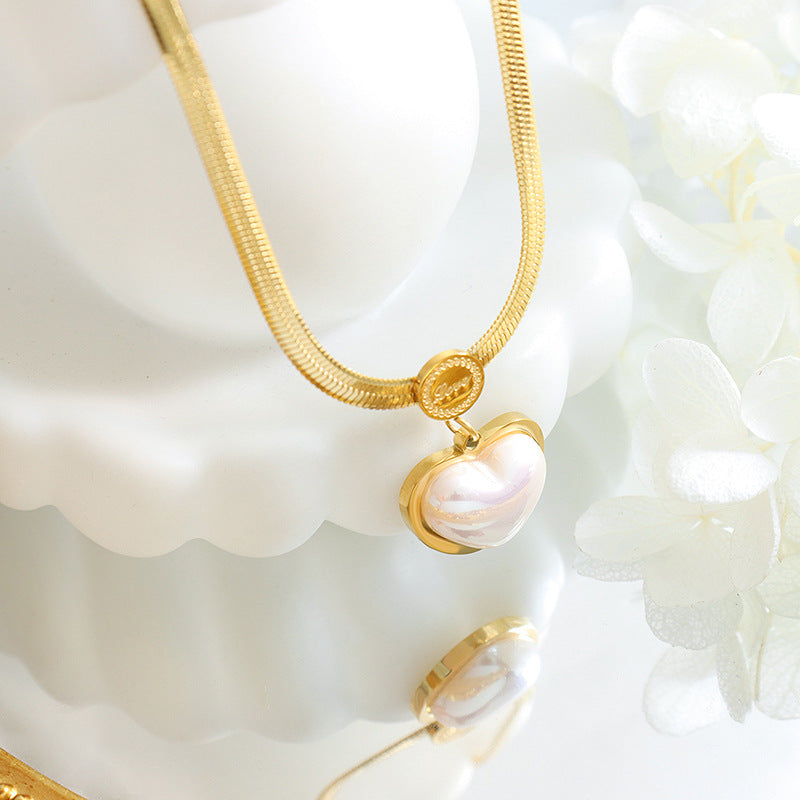RAIRA Korean Style Heart Pearl Pendant Necklace, Gold Plated Snake Chain | Women's Necklace