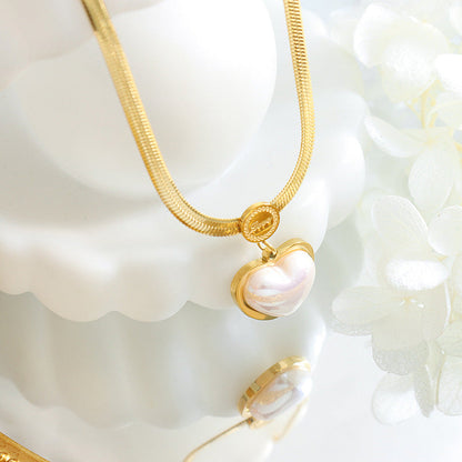RAIRA Korean Style Heart Pearl Pendant Necklace, Gold Plated Snake Chain | Women's Necklace