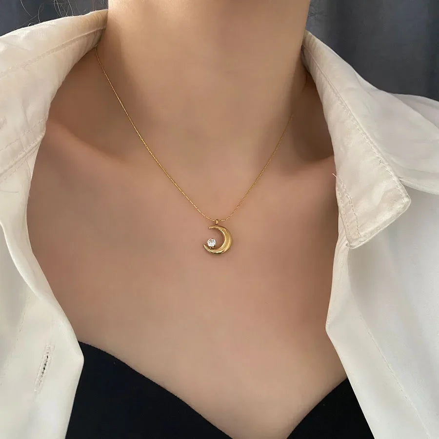 RAIRA Gold Crescent Moon Pendant Necklace with White Crystal, Chain For Women & Girl's