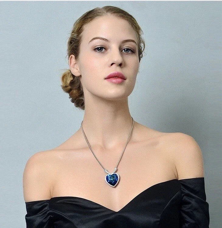 Heart of Ocean Pendant Crystal Gemstone Pendant Silver Chain Necklace for Women Girls