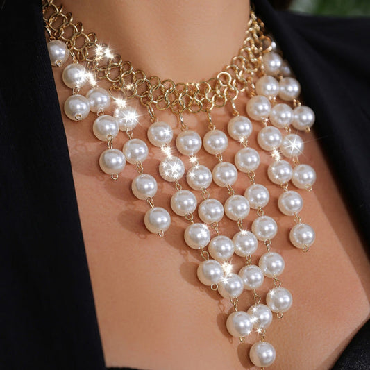RAIRA Vintage Pearl Multi-Layer Tassel Pearl Beads Collar Choker Necklace