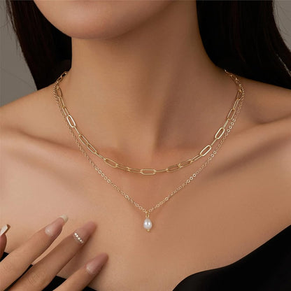 RAIRA 2-layer Paperclip Gold Chain and Freshwater Pearl Pendant Necklace for Women | 18K Gold-Plated Jewelry | Necklaces for Women & Girl's