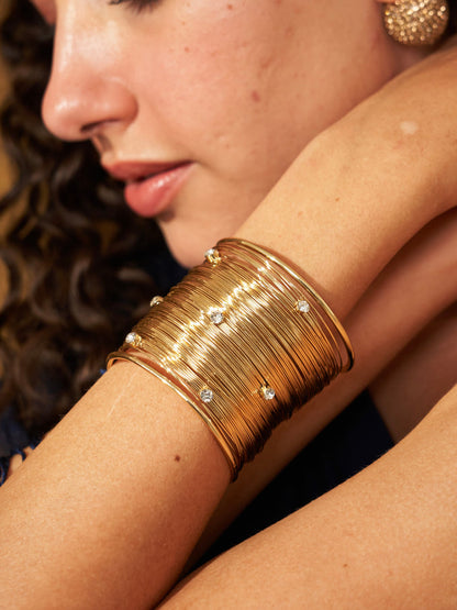 RAIRA Gold Toned Artificial Chunky Wide Bangle Wrist Cuff Layered Bracelet Boho Hollow Adjustable Rhinestone Wrap Cuff Bracelet  For Women & Girl's