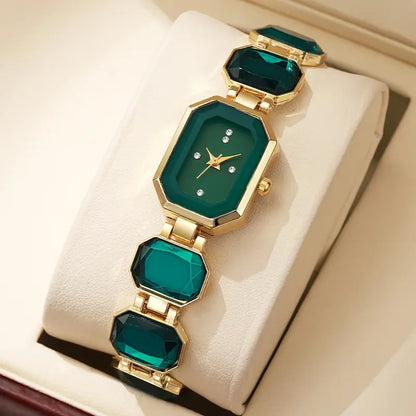 RAIRA Women's Emerald Green Square Watch with Golden-Tone Zinc Alloy Case & -Accented Bracelet Band - Quartz Movement,