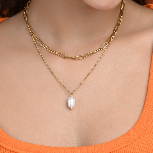 RAIRA 2-layer Paperclip Gold Chain and Freshwater Pearl Pendant Necklace for Women | 18K Gold-Plated Jewelry | Necklaces for Women & Girl's