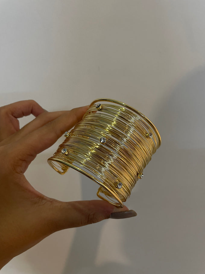 RAIRA Gold Toned Artificial Chunky Wide Bangle Wrist Cuff Layered Bracelet Boho Hollow Adjustable Rhinestone Wrap Cuff Bracelet  For Women & Girl's