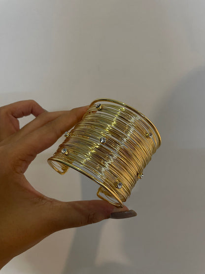 RAIRA Gold Toned Artificial Chunky Wide Bangle Wrist Cuff Layered Bracelet Boho Hollow Adjustable Rhinestone Wrap Cuff Bracelet  For Women & Girl's