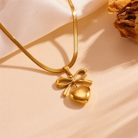 RAIRA Bow-Heart Linked Necklace for Women & Girls | Anti-Tarnish Waterproof Jewelry | Birthday, Anniversary & Wedding Gift for Wife, Mother, Sister