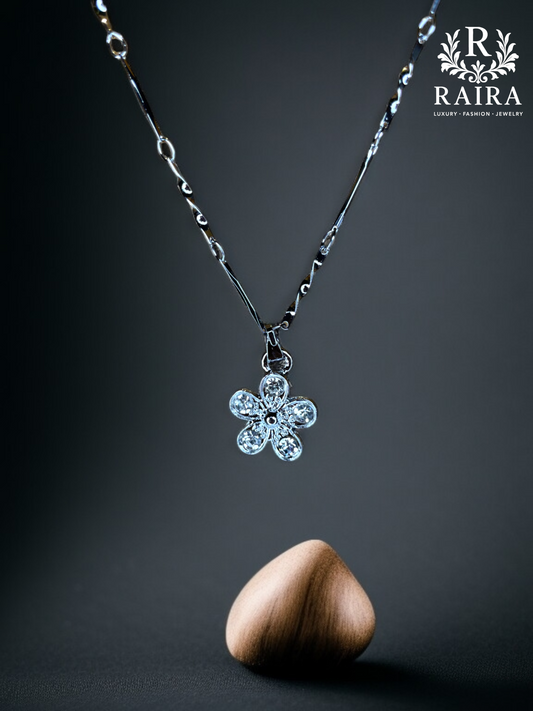 RAIRA Sterling Silver American Diamond CZ Floral Pendant & Chain with Chain for Women and Girls
