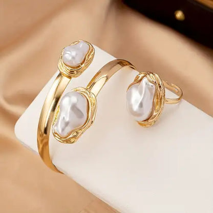 RAIRA 2PCS Korean Elegant Multi-color Baroque Imitation Pearl Bangles Ring Jewelry Set Women Chunky