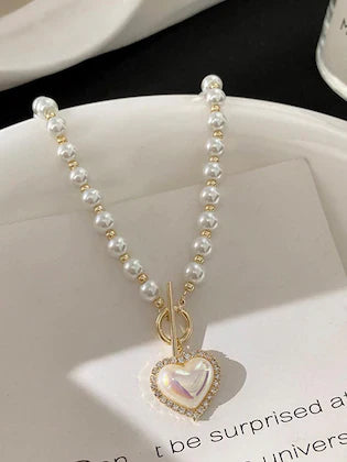 RAIRA  Glossy White Pearls Heart Shaped Necklace for Women & Girl's