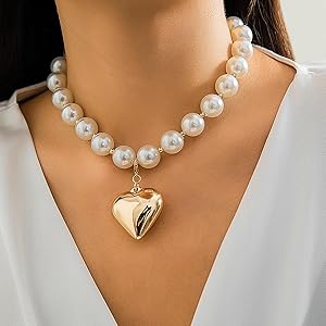 RAIRA Chunky Heart Pearl Necklaces for Women Puffy Heart Necklace choker for Women