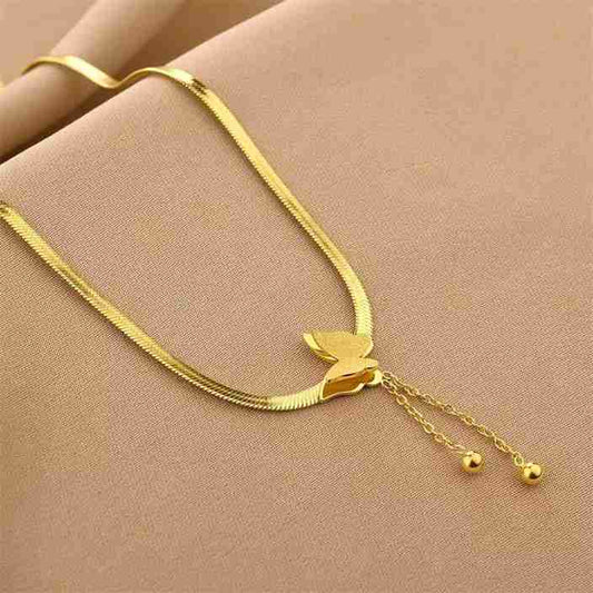 RAIRA Classic Style Gold Plated Titanium Steel Snake Chain Frosted Butterfly Fringe Pendant Necklace