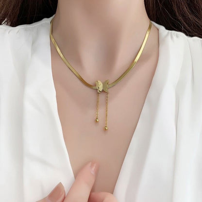 RAIRA Classic Style Gold Plated Titanium Steel Snake Chain Frosted Butterfly Fringe Pendant Necklace