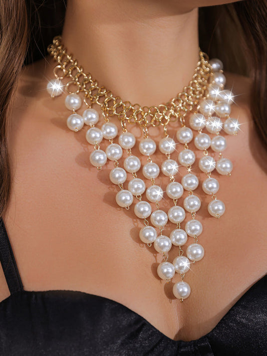 RAIRA Vintage Pearl Multi-Layer Tassel Pearl Beads Collar Choker Necklace