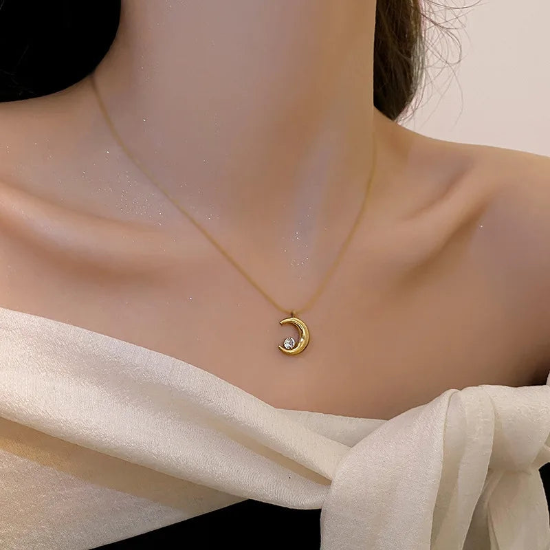 RAIRA Gold Crescent Moon Pendant Necklace with White Crystal, Chain For Women & Girl's