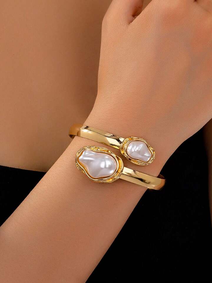 RAIRA 2PCS Korean Elegant Multi-color Baroque Imitation Pearl Bangles Ring Jewelry Set Women Chunky