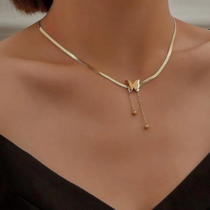 RAIRA Classic Style Gold Plated Titanium Steel Snake Chain Frosted Butterfly Fringe Pendant Necklace