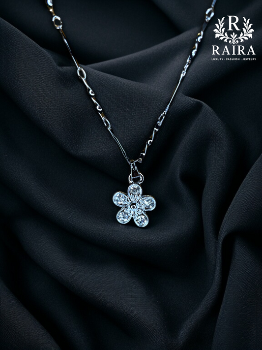RAIRA Sterling Silver American Diamond CZ Floral Pendant & Chain with Chain for Women and Girls