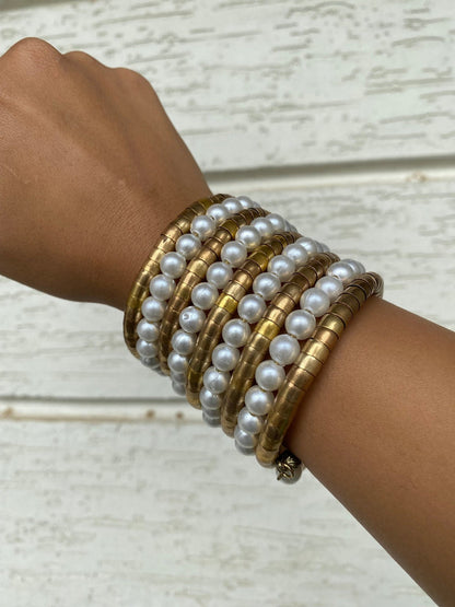 RAIRA Golden Pearl Spiral Boho Chic Bangle for Girls/Women