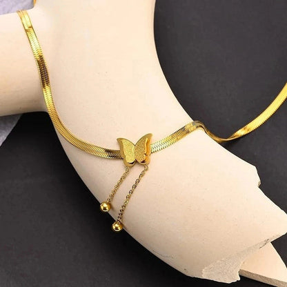 RAIRA Classic Style Gold Plated Titanium Steel Snake Chain Frosted Butterfly Fringe Pendant Necklace