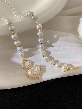 RAIRA  Glossy White Pearls Heart Shaped Necklace for Women & Girl's