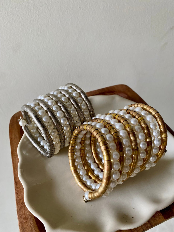 RAIRA Golden Pearl Spiral Boho Chic Bangle for Girls/Women