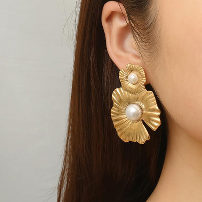 RAIRA Pearl Flower Statement Earrings for Women Big 18K Gold Plated Moon Rhinestone Stud Earrings Boho Half Sunflower Dangle Earring for Prom Jewelry Gift