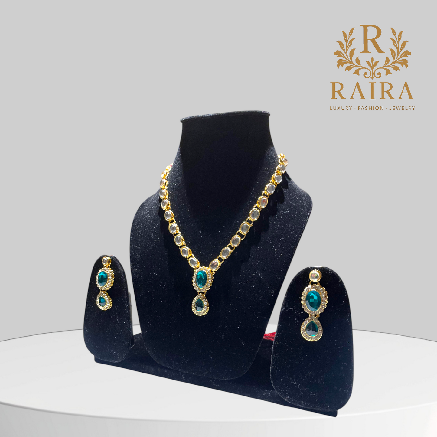 RAIRA PEARLS Gold Tone Kundan & Green Stones Wedding Collection Necklace & Earring Set For Women-Girls