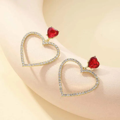 RAIRA Heart Crystal Circle Drop Earrings Red Ruby Heart Stud Rhinestone Cluster Empty Love Dangle Earrings