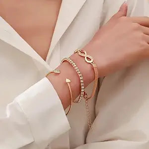 RAIRA Set of 3 Multilayer Charm Bangle Gold Plated Bracelet Adjustable for Women and Girls (Golden)