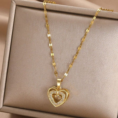 RAIRA Pure Gold  plated Double layer Heart Love Necklace with stone , Titanium steel Pendant For Women & Girl's 💓💓
