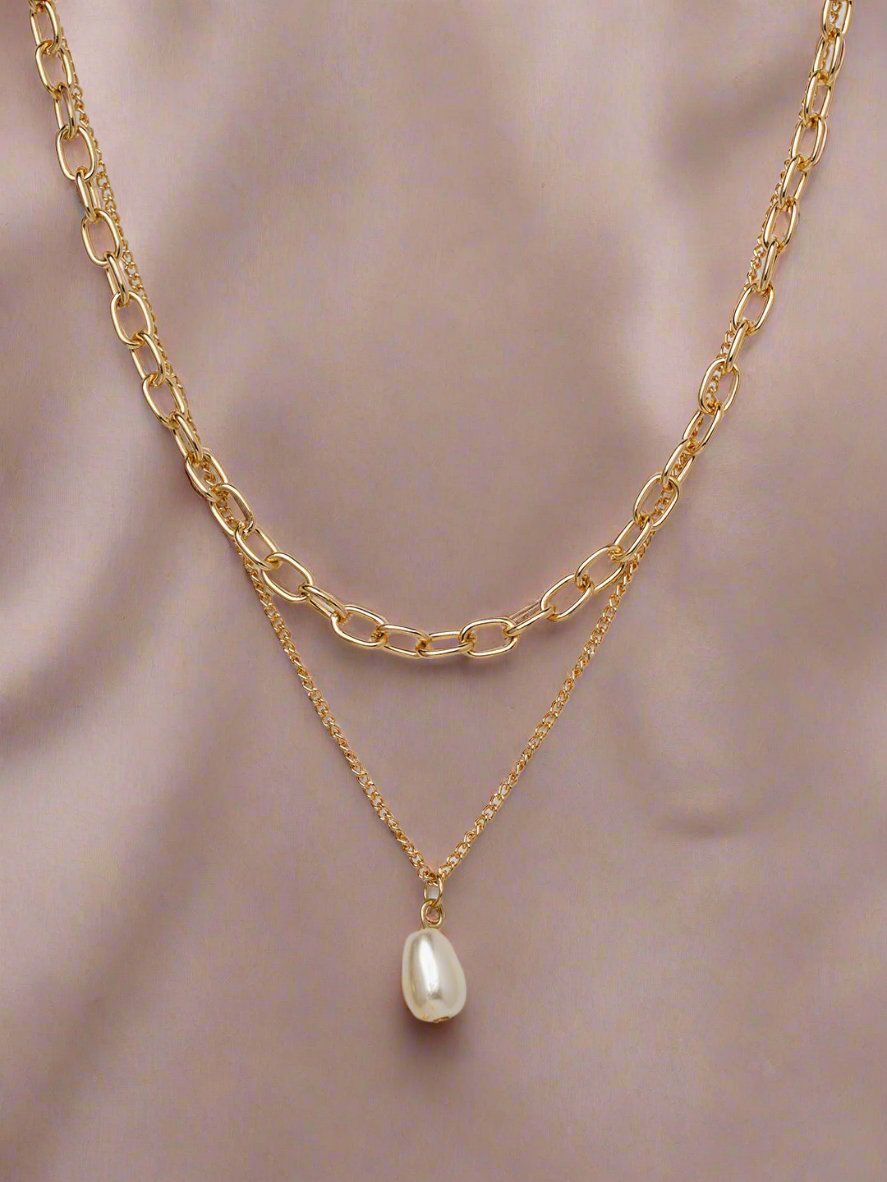 RAIRA 2-layer Paperclip Gold Chain and Freshwater Pearl Pendant Necklace for Women | 18K Gold-Plated Jewelry | Necklaces for Women & Girl's