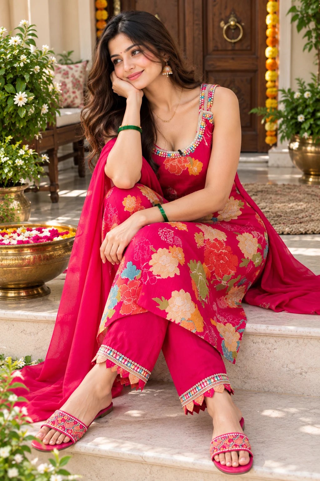 Floral Printed Kurta Pant Dupatta Set for Women Pink