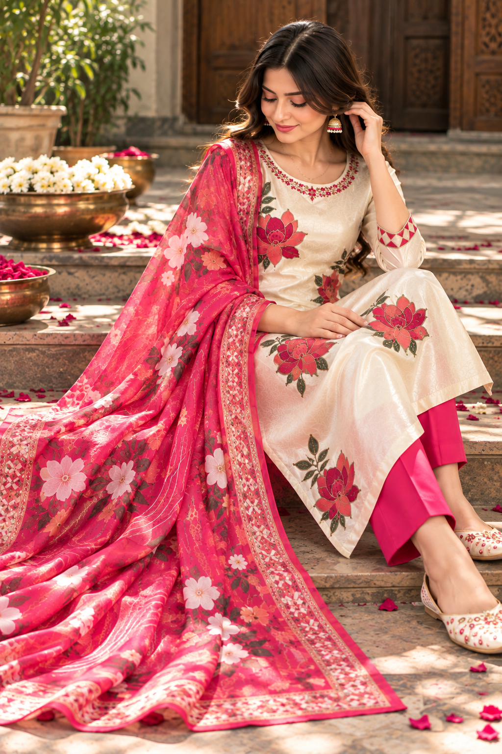 A woman seated on stone steps wearing a cream-colored traditional outfit with large red and pink floral prints, bright pink pants, and a matching pink dupatta with floral embroidery and gold border details.